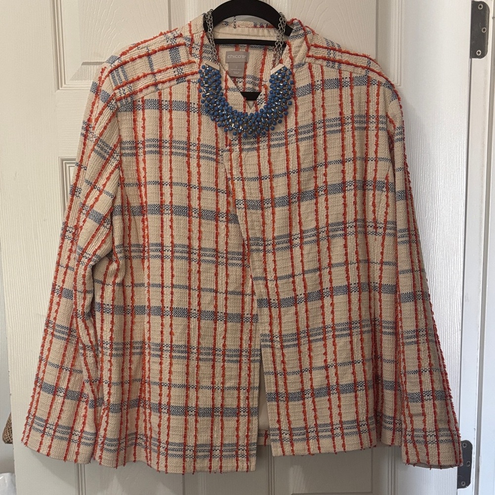 Chico's Cream and Red Plaid Blazer Size2/L